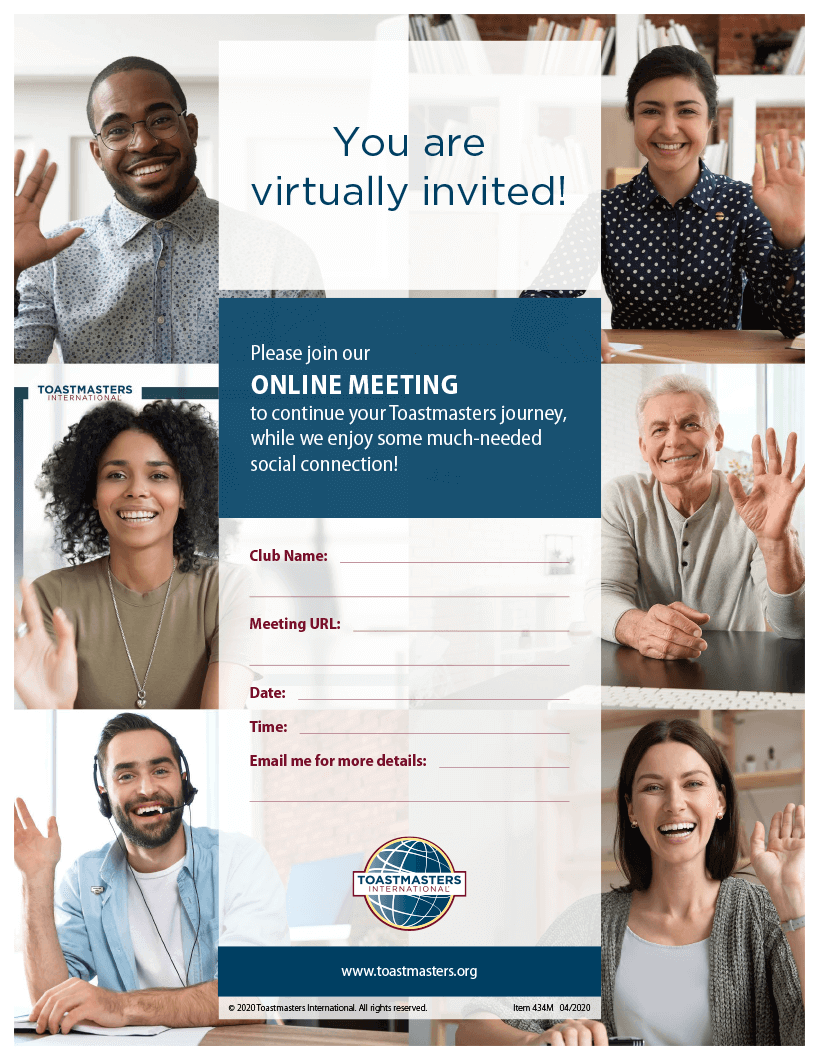 Image of flier invitation to online meetings with six people smiling 