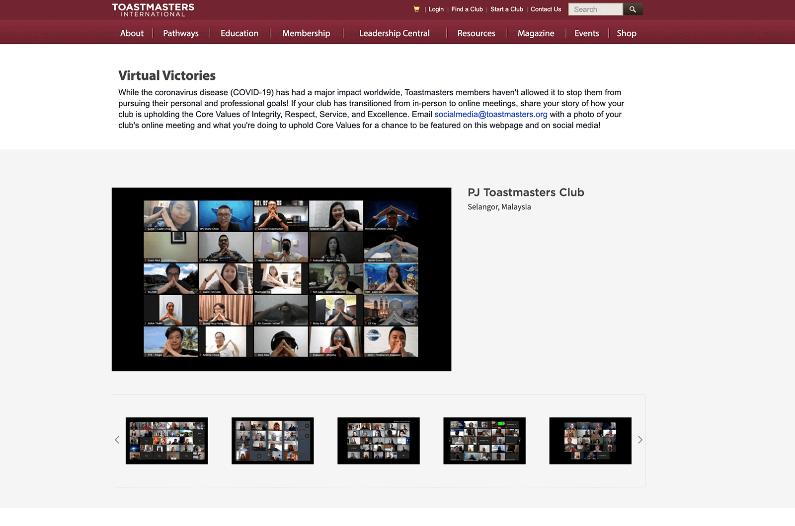 Image of Toastmasters webpage showing photos of people in Zoom meetings