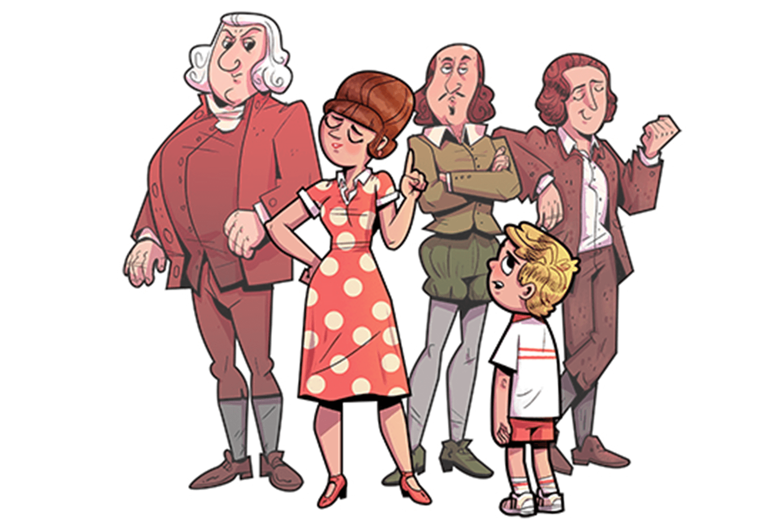 Illustration of a mother figure, son, and three historical figures