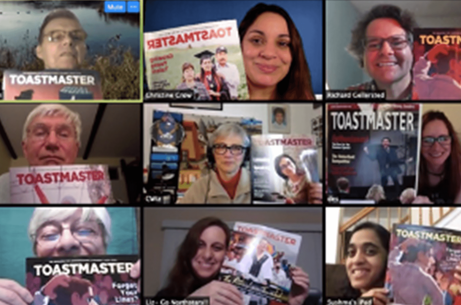 People on Zoom meeting holding up Toastmaster magazines