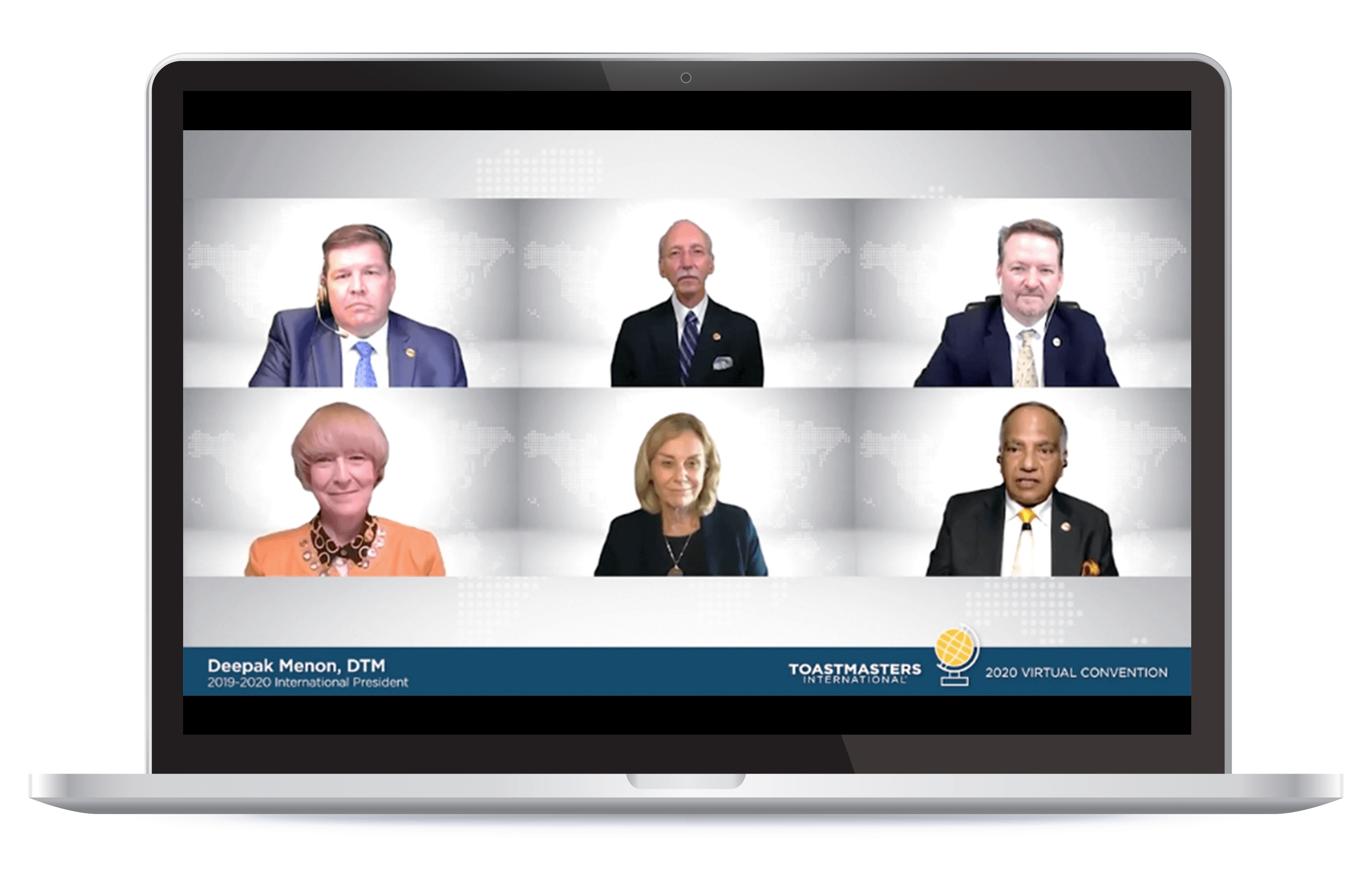 Six members of the Toastmasters International Executive Committee meeting on Zoom