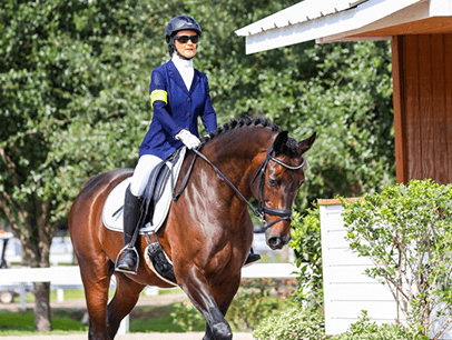 Woman in equestrian gear riding horse