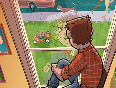 Illustration of man looking out window at yard