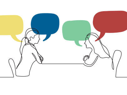 Illustration of two women speaking across table