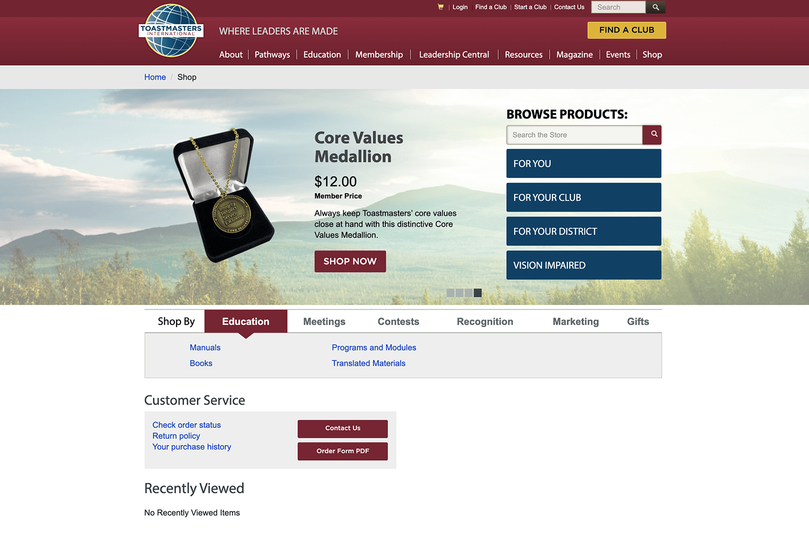 Webpage for Toastmasters Online Store