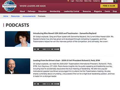 Webpage showing podcasts, descriptions, and photos