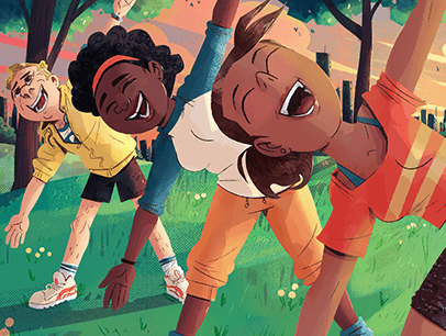 Illustration of three people in park laughing and stretching
