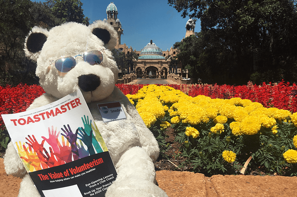 Smedley, the WesBank Toastmasters club mascot in Johannesburg, South Africa, visits the Palace of the Lost City in Sun City, South Africa.