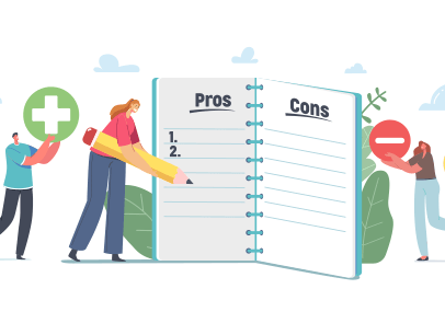 Cartoon people next to a pro/con list