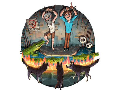Illustration of two men hanging above wolves