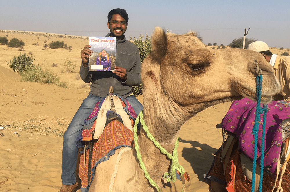 Gagan Kumar Mogilineni of Vijayawada, Andhra Pradesh, India, rides a camel in the Rajasthan state area of the Thar Desert, also known as the Great Indian Desert.