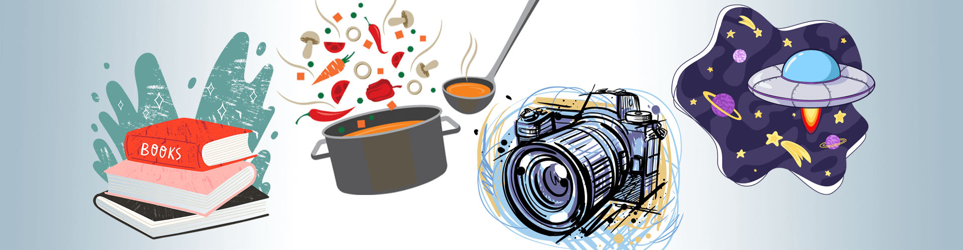 Small icons of books, cooking pot, camera, and outer space