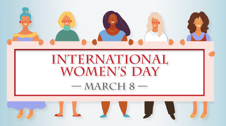 Cartoon women holding up banner