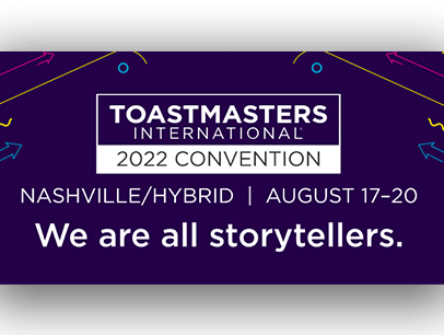 Purple advertisement for Toastmasters convention