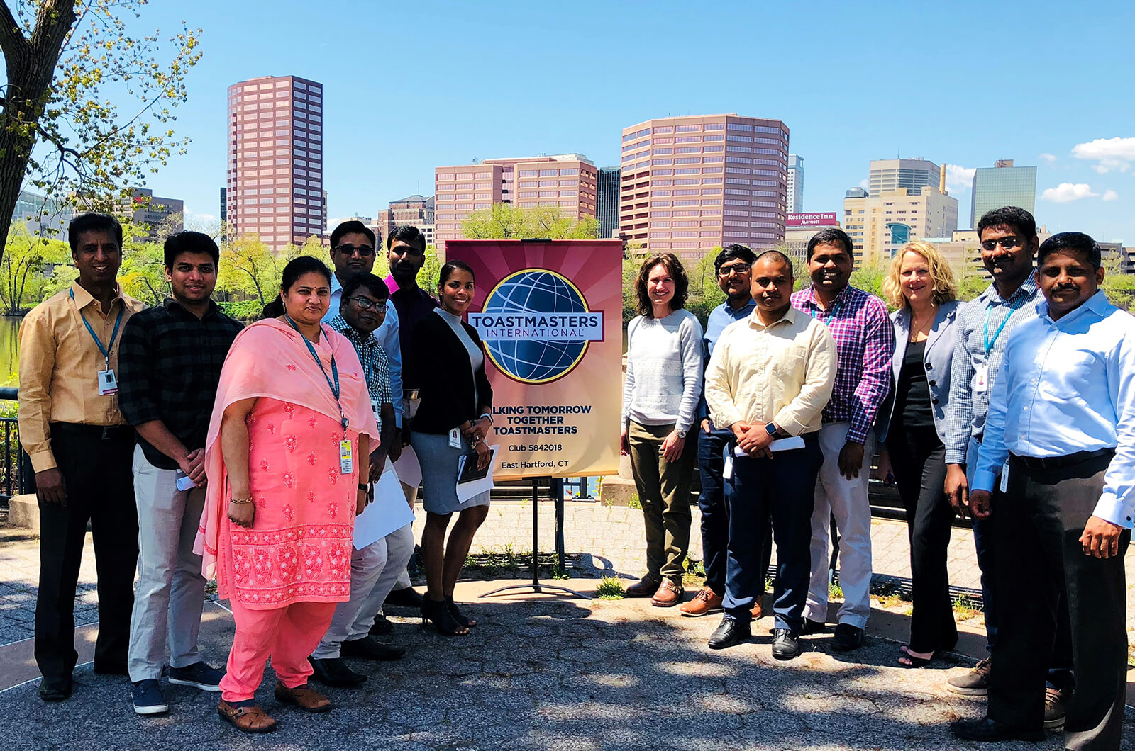 Members of the Talking Tomorrow Together Toastmasters club in East Hartford, Connecticut, celebrate their one-year anniversary. 